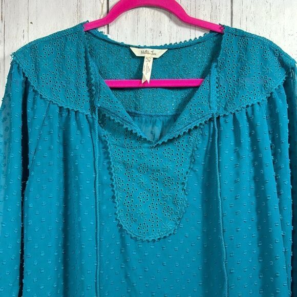 Matilda Jane Charismas Swiss Dot Peasant Boho Sheer Teal Green Top Blouse - Picture 6 of 13